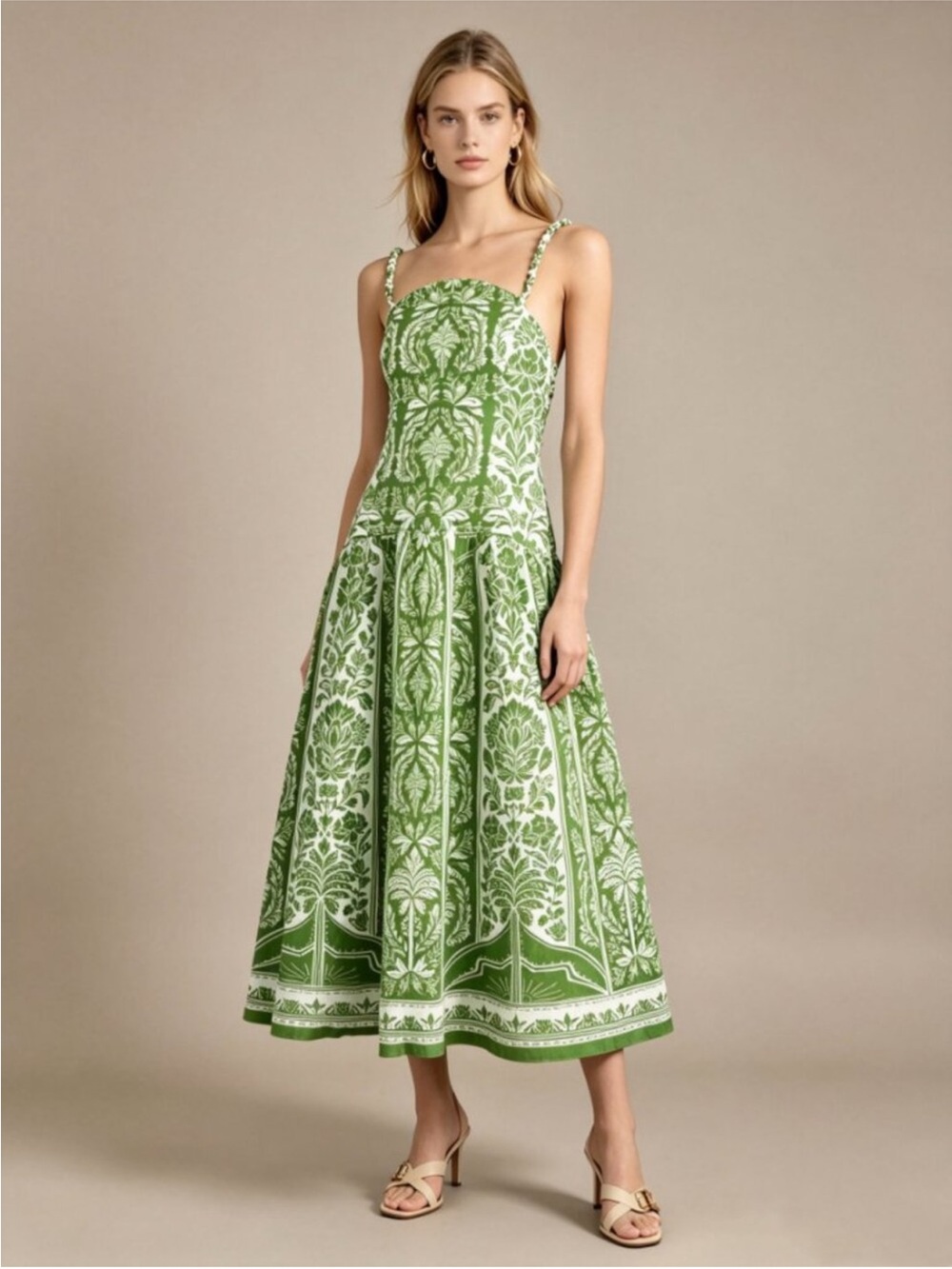 FARM Rio Green & Ivory Botanical-Print Midi Dress
